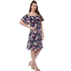 Women's Polyester Crepe Floral Half Sleeve Above Knee Dress (Navy Blue) - Image 4