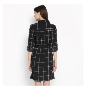 Women's Polyester Checkered Roll Up Sleeve Above Knee Dress (Black - White) - Image 7