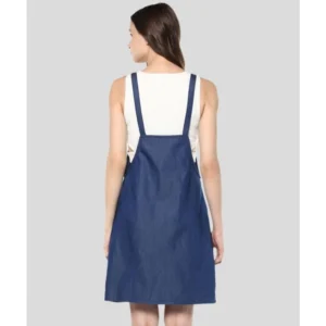 Women's Denim Solid Shoulder Straps Above Knee Dress (Blue) - Image 6