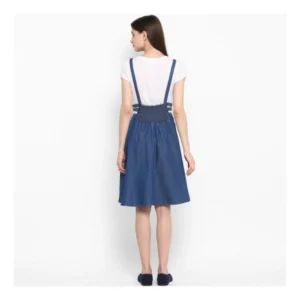 Women's Denim Solid Shoulder Straps Below Knee Dress (Blue) - Image 7