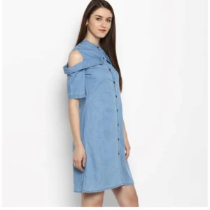Women's Denim Solid Cold Shoulder Above Knee Dress (Blue) - Image 4