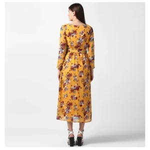 Women's Polyester Floral Long Sleeves Calf-length Dress (Yellow) - Image 6