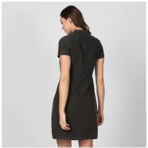Women's Denim Solid Short Sleeve Above Knee Dress (Black) - Image 6
