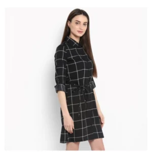 Women's Polyester Checkered Roll Up Sleeve Above Knee Dress (Black - White) - Image 4