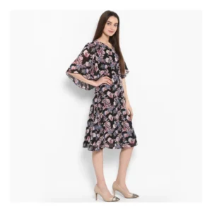 Women's Polyester Floral Short Sleeve Knee-Length Dress (Black - Multicolor) - Image 4