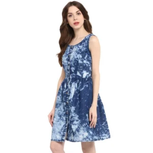 Women's Denim Tie & Dye Sleeveless Above Knee Dress (Blue) - Image 3