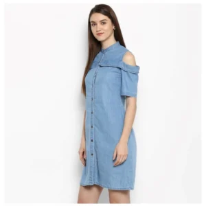 Women's Denim Solid Cold Shoulder Above Knee Dress (Blue) - Image 3