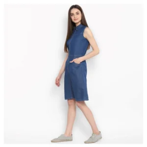 Women's Denim Solid Sleeveless Above Knee Dress (Blue) - Image 3