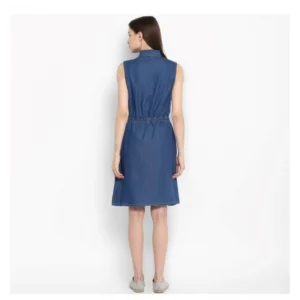 Women's Denim Solid Sleeveless Above Knee Dress (Blue) - Image 7