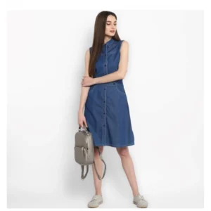 Women's Denim Solid Sleeveless Above Knee Dress (Blue) - Image 6