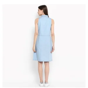Women's Denim Solid Sleeveless Below Knee Dress (Blue) - Image 7