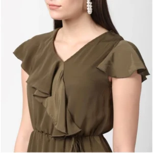 Women's Polyester Ruffled Cap Sleeve Knee-Length Dress (Olive) - Image 2