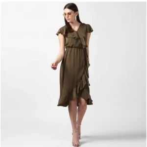 Women's Polyester Ruffled Cap Sleeve Knee-Length Dress (Olive) - Image 5