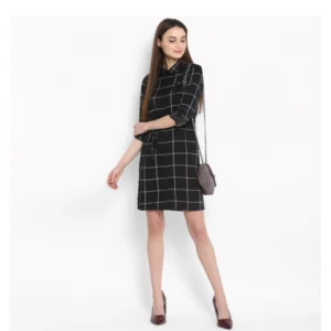Women's Polyester Checkered Roll Up Sleeve Above Knee Dress (Black - White) - Image 6