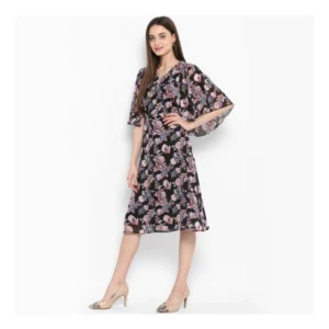 Women's Polyester Floral Short Sleeve Knee-Length Dress (Black - Multicolor) - Image 3