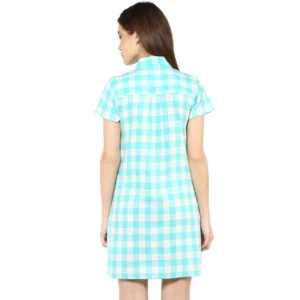 Women's Rayon Checkered Short Sleeve Above Knee Dress (SkuBlue - White) - Image 7