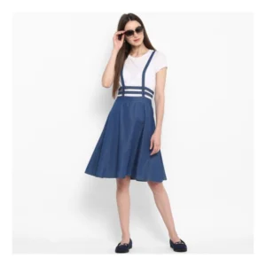 Women's Denim Solid Shoulder Straps Below Knee Dress (Blue) - Image 6