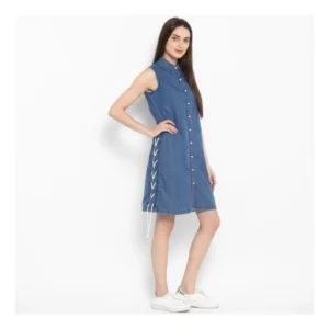 Women's Denim Solid Sleeveless Above Knee Dress (Blue) - Image 4