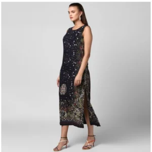 Women's Rayon Floral Sleeveless Calf-length Dress (Black) - Image 3