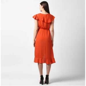 Women's Polyester Ruffled Cap Sleeve Knee-Length Dress (Orange) - Image 6