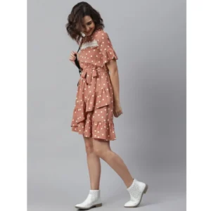 Women's Polyester Polka Bell Sleeve Above Knee Dress (Brown) - Image 5