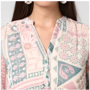 Women's Polyester Printed Long Sleeves Above Knee Dress (Light Pink - Off White) - Image 3