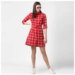 Women's Polyester Checkered Long Sleeves Above Knee Dress (Red) - Image 6