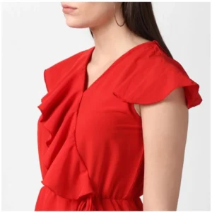 Women's Polyester Ruffled Cap Sleeve Knee-Length Dress (Red) - Image 2