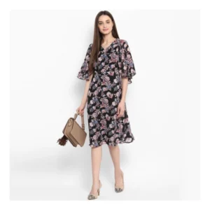 Women's Polyester Floral Short Sleeve Knee-Length Dress (Black - Multicolor) - Image 6