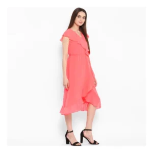 Women's Polyester Ruffled Cap Sleeve Below Knee Dress (Coral Pink) - Image 4