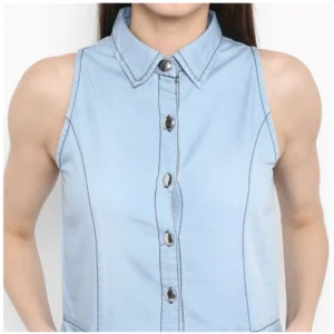Women's Denim Solid Sleeveless Below Knee Dress (Blue) - Image 2