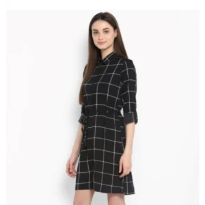 Women's Polyester Checkered Roll Up Sleeve Above Knee Dress (Black - White) - Image 3