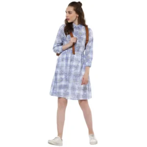 Women's Cotton Checkered Roll Up Sleeve Above Knee Dress (Blue) - Image 6