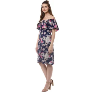 Women's Polyester Crepe Floral Half Sleeve Above Knee Dress (Navy Blue) - Image 3