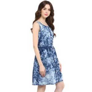 Women's Denim Tie & Dye Sleeveless Above Knee Dress (Blue) - Image 4