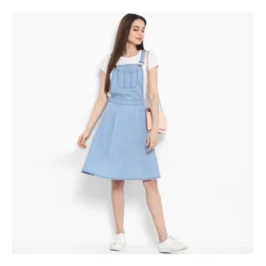 Women's Denim Solid Sleeveless Above Knee Dress (Blue) - Image 6