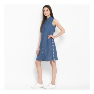 Women's Denim Solid Sleeveless Above Knee Dress (Blue) - Image 3