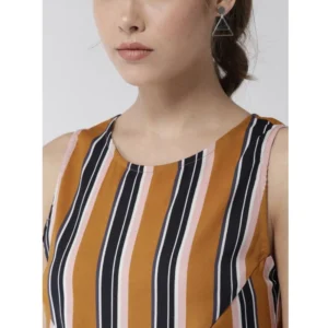 Women's Polyester Striped Sleeveless Below Knee Dress (Mustard) - Image 2