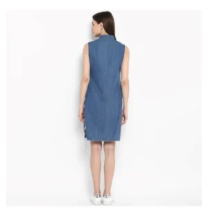 Women's Denim Solid Sleeveless Above Knee Dress (Blue) - Image 7