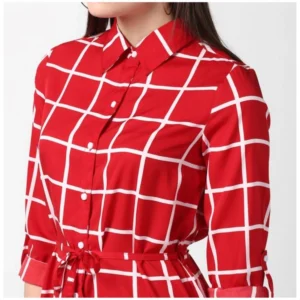 Women's Polyester Checkered Long Sleeves Above Knee Dress (Red) - Image 2