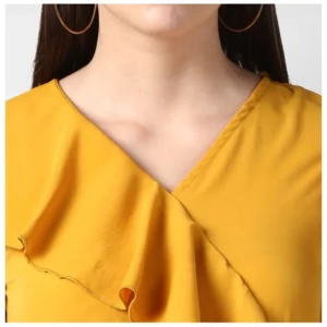 Women's Polyester Ruffled Cap Sleeve Knee-Length Dress (Yellow) - Image 2
