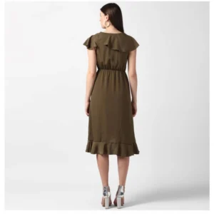 Women's Polyester Ruffled Cap Sleeve Knee-Length Dress (Olive) - Image 6