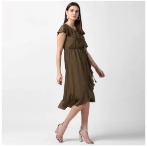 Women's Polyester Ruffled Cap Sleeve Knee-Length Dress (Olive) - Image 3