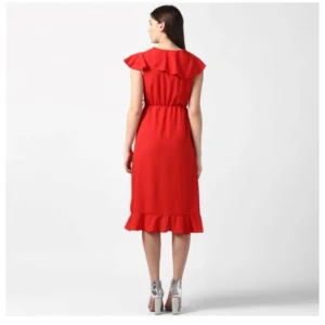 Women's Polyester Ruffled Cap Sleeve Knee-Length Dress (Red) - Image 6