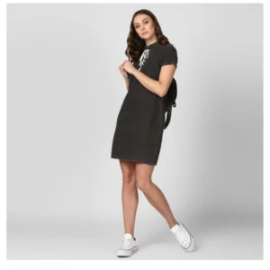 Women's Denim Solid Short Sleeve Above Knee Dress (Black) - Image 5