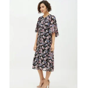 Women's Polyester Chain Print Cap Sleeve Calf-length Dress (Multicolor) - Image 3