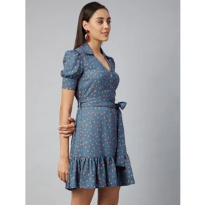 Women's Polyester Polka Short Sleeve Above Knee Dress (Grey - Coral) - Image 3