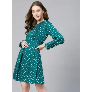 Women's Polyester Polka Long Sleeves Above Knee Dress (Green - White) - Image 4