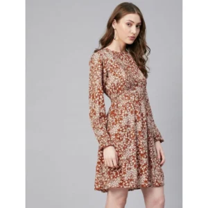 Women's Polyester Floral Long Sleeves Above Knee Dress (Rust) - Image 3