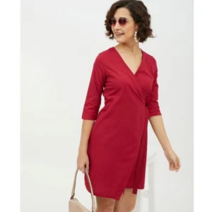 Women's Cotton Wrap 3-4th Sleeves Above Knee Dress (Maroon) - Image 6